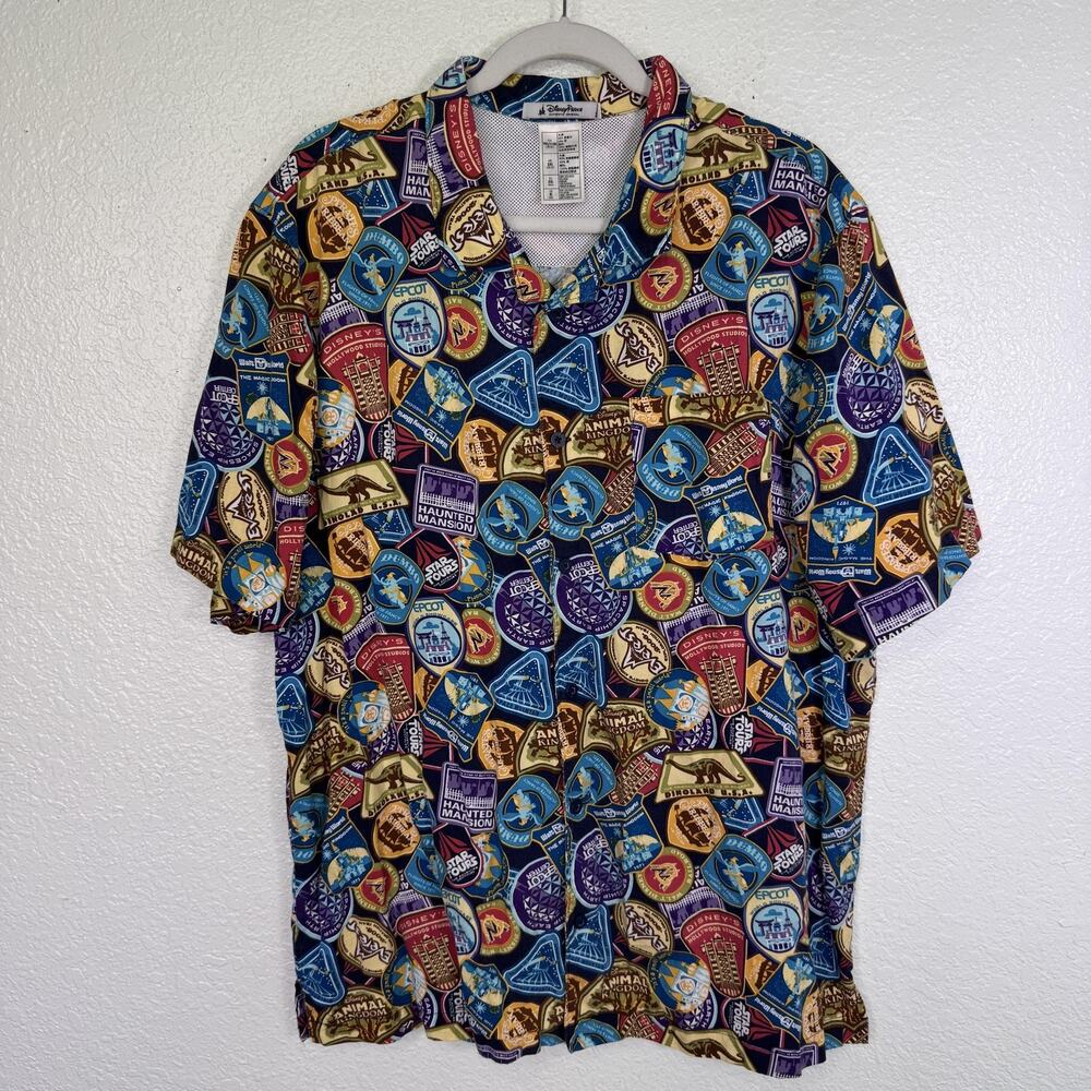 Disney Parks Shirt Mens XL Disney Attractions Patch Print Button Up All Over - Picture 1 of 10